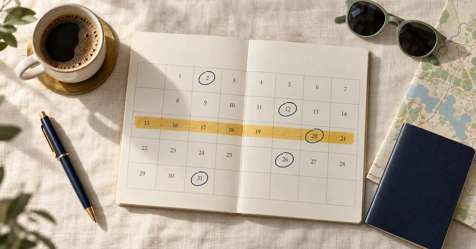 An open paper calendar on a linen tablecloth, with several dates circled in navy ink and one week highlighted in gold, beside a coffee cup, sunglasses and a map.