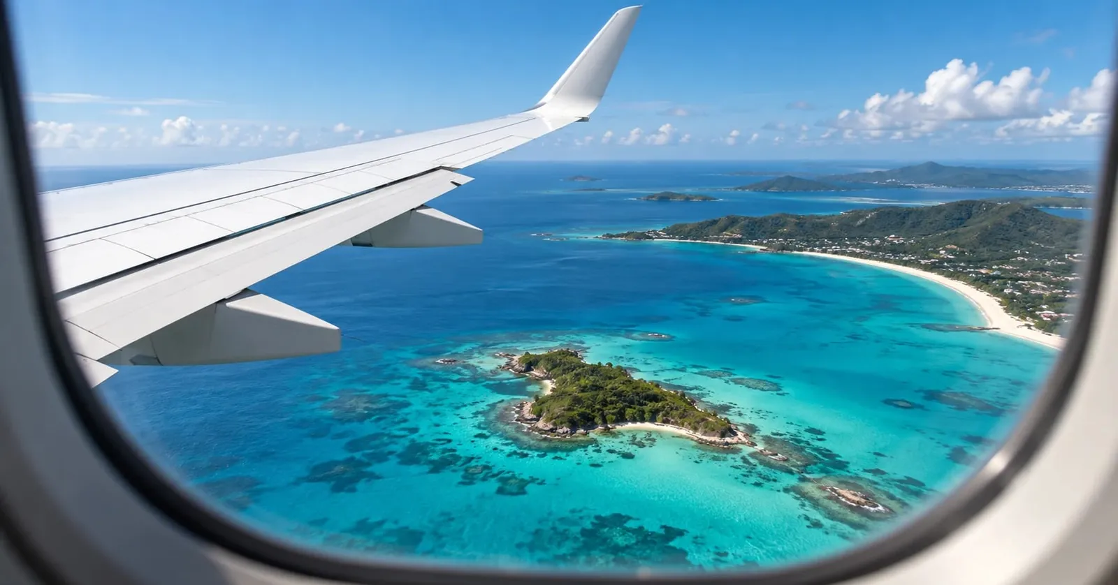 The view from a plane window over the wing, descending toward turquoise water, a small green island and a long white-sand beach.