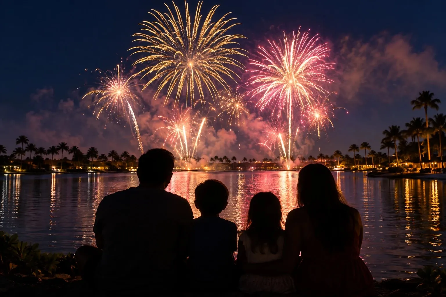 A family seen from behind, watching fireworks burst over a lake lined with palm trees
